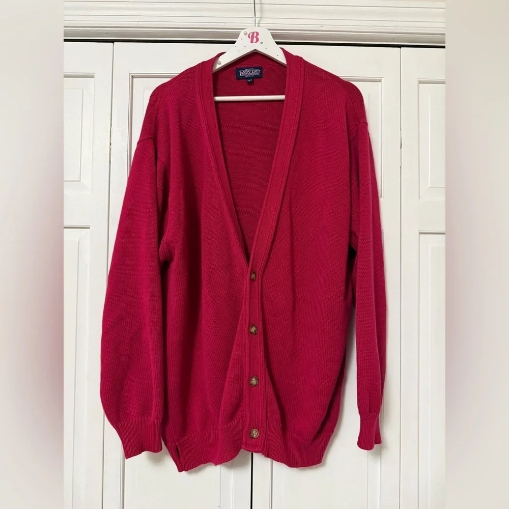 Lands' End Cardigan Cranberry Knit Button Front Soft Cotton Sweater Chunky Large